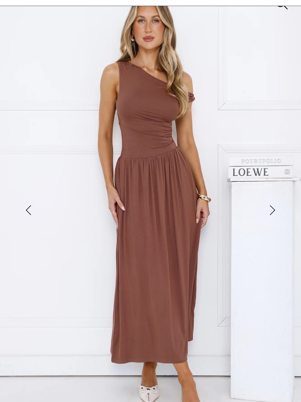 Hello Molly COASTAL DAYDREAM OFF SHOULDER MIDI DRESS BROWN